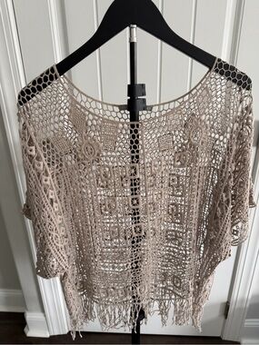Openwork Crochet Fringe Blouse in Taupe